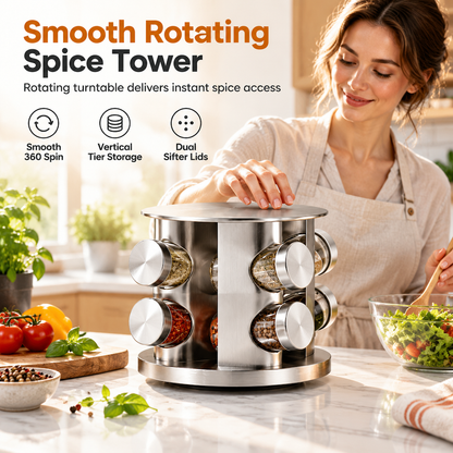 🧂 50% OFF! ✨ 360° Rotating Stainless Steel Spice Rack Organizer with Glass Shaker Jars – Whisper-Smooth Ball-Bearing Turntable, Lead-Free Glass Jars with Dual Sift & Pour Lids, Anti-Slip Rims – 2/3/4-Tier Options 2 Colors 🍳