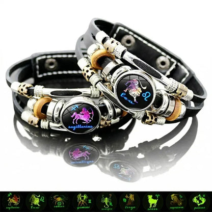🎉 LIMITED TIME 50% OFF! 🌟 Glow-in-the-Dark 12 Leather Zodiac Bracelet for Men and Women – 6.9/8.1in – Authentic Patented Design ✨
