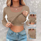 📢 PROMO LIMITÉE -50% ! ⏰ Women's U-Neck Built-in Bra Long Sleeve Ribbed Top – Skinny Fit, Stretchy, Concealing, Sizes S-2XL 🍂