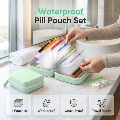 🥳 2026 HOT SALE 50% OFF! 💊 A8 Waterproof Pill Pouch Set – 65K+ SOLD! 14 Color-Coded Pouches, Waterproof & Crush-Proof Shell – Holds 7-14 Days of Meds 🗓️✨