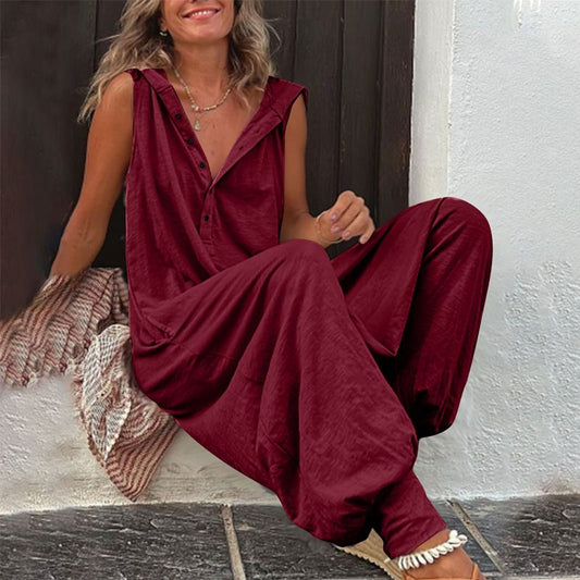 🌸 LIMITED TIME 50% OFF! 💥 Women's Relaxed Hooded Sleeveless Jumpsuit – Loose Fit, Breathable & Stylish 🌿