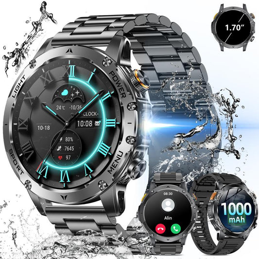 ⌚ Military Smartwatch – 1.7" AMOLED, 1100mAh Battery, IP68 & 110+ Sports Modes 🔦