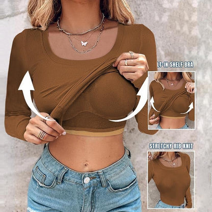 📢 PROMO LIMITÉE -50% ! ⏰ Women's U-Neck Built-in Bra Long Sleeve Ribbed Top – Skinny Fit, Stretchy, Concealing, Sizes S-2XL 🍂