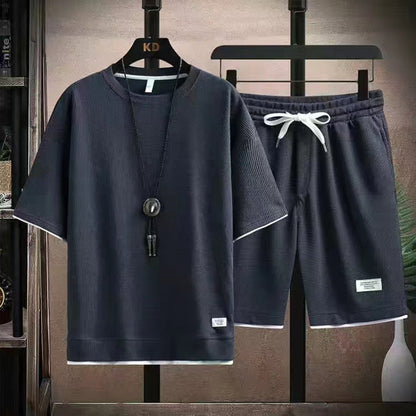 🌀 LIMITED-TIME 50% OFF! 🧺 Waffle Fabric Short Sleeve 2-Piece Set – Breathable, Loose Fit & Side Pockets 👕