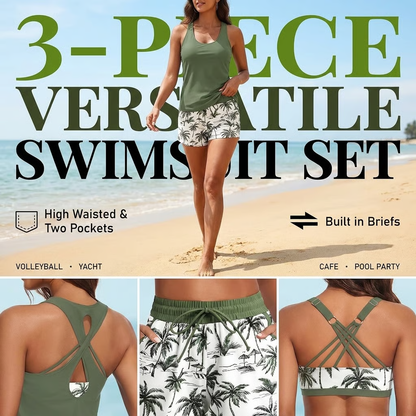 Women's 3-Piece Swimsuit Tankini Set with Shorts – Nylon-Spandex – Tummy Control & Push-Up Support for Active Women 👙