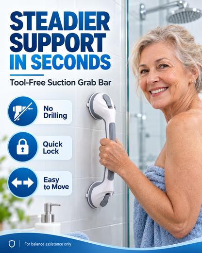 🚿 50% OFF! ✨ Suction Cup Grab Bar – Tool-Free No-Drill Install on Tile & Glass, Strong Vacuum Hold, Removable & Reusable – Extra Balance Support for Bathroom Safety 🔒