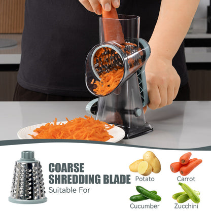 🧀 50% OFF! ✨ 3-in-1 Rotary Cheese Grater – Safe Feeding Port Prevents Cuts, 3 Interchangeable Stainless Steel Blades & Powerful Suction Feet – Grates, Slices & Spiralizes in Seconds 🥕