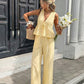 🔥 LIMITED TIME 50% OFF! ✨ Women's Elegant Stripe 2-Piece Outfit – Flattering V-Neck Peplum Top & Relaxed Wide-Leg Trousers 🌸