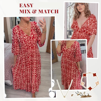 🔥 LIMITED TIME 50% OFF! 👗 Vacation Casual Print V-Neck Waist Wrap Long Dress – 2459+ Sold! Flexible On & Off Shoulders 🌸