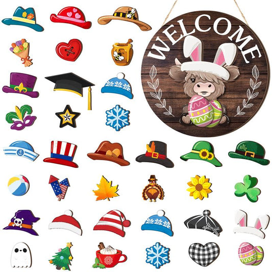 🐄 50% OFF! ✨ Highland Cow Sign Interchangeable Welcome Sign – 1 Round Sign + 17 Magnetic Hats & Accessories – Cute Detachable Seasonal Décor for Every Holiday 🎩