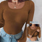 📢 PROMO LIMITÉE -50% ! ⏰ Women's U-Neck Built-in Bra Long Sleeve Ribbed Top – Skinny Fit, Stretchy, Concealing, Sizes S-2XL 🍂