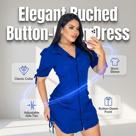 🎉 LIMITED TIME 50% OFF! 👗 Women's Short-Sleeved Button-Down Shirt Dress – Ruffled Design & Adjustable Side Laces 🌸