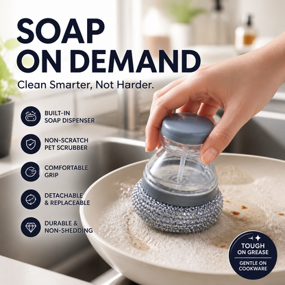 🥳 HOT SALE! 🥳 💞 10K+ SOLD! Soap-Dispensing Scrubber Brush – Built-In Press-to-Dispense Soap Reservoir, Dense Woven PET Non-Scratch Scrubbing Head & Ergonomic Raised Grip – Detachable Replaceable Head for Pots Pans & Dishes ✅