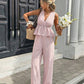 🔥 LIMITED TIME 50% OFF! ✨ Women's Elegant Stripe 2-Piece Outfit – Flattering V-Neck Peplum Top & Relaxed Wide-Leg Trousers 🌸