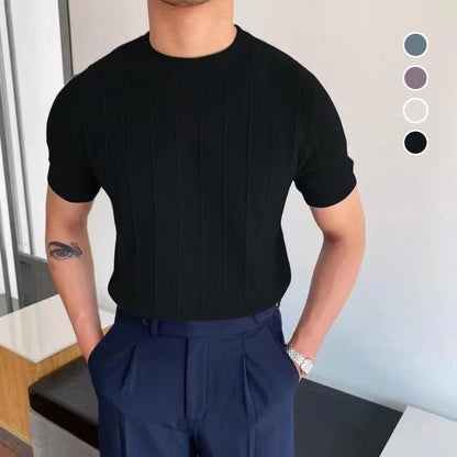 Men's Crew Neck Knit Short Sleeve Sweaters with Twist Pattern