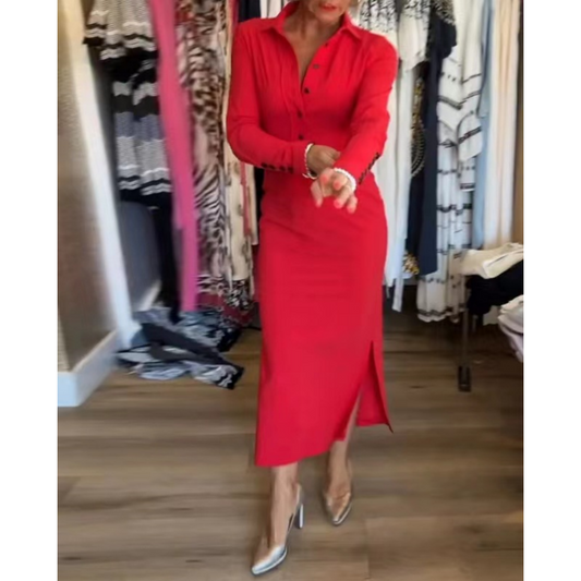 🔥Women's Sexy Red Long Sleeve Lapel Dress