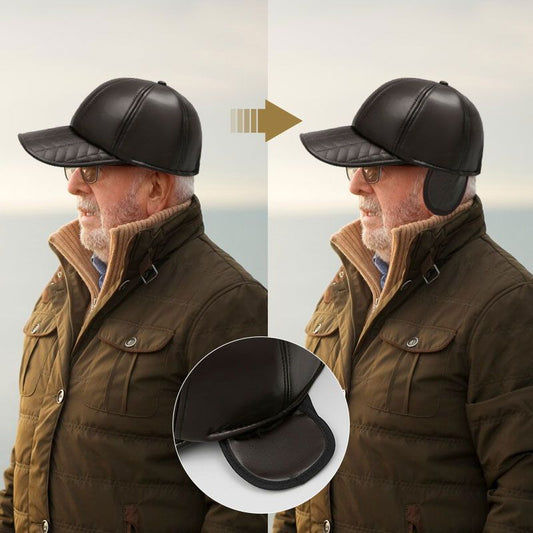 Stylish men's winter leather cap with thickened ear flaps