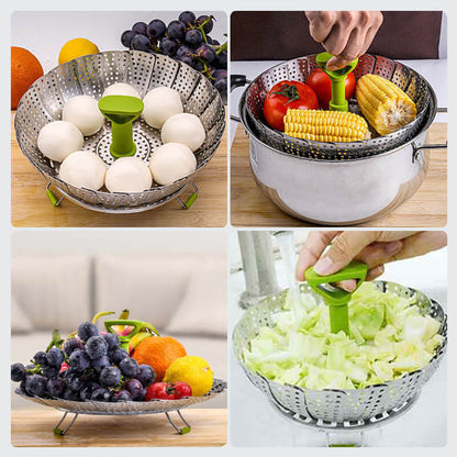 🥦 50% OFF! ✨ Foldable Stainless Steel Steamer Basket – Expandable Flower-Petal Design Fits Multiple Pot Sizes, Removable Center Handle & Heat-Resistant Silicone Feet – 100% Food-Grade Rustproof Multi-Use Steamer, Colander & Serving Bowl 🍲