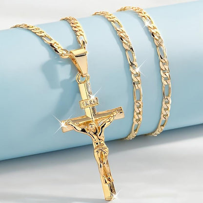 ✝️ 60% OFF! ✨ Gold Crucifix Necklace – Detailed INRI Motif, Adjustable Figaro Chain & Sparkling Finish 💛