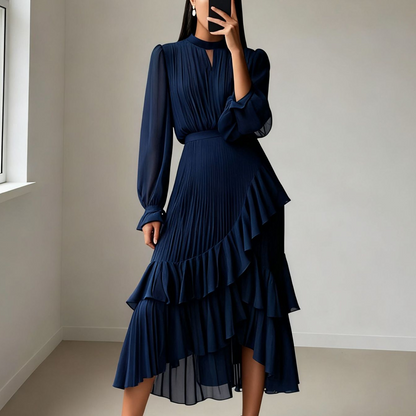 💎 55% OFF! 💎 Women's Keyhole Neckline Ruffled Midi Dress – Pleated Silhouette, Sheer Sleeves & Romantic Asymmetrical Hem 💃