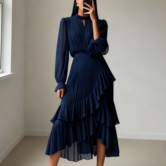 💎 55% OFF! 💎 Women's Keyhole Neckline Ruffled Midi Dress – Pleated Silhouette, Sheer Sleeves & Romantic Asymmetrical Hem 💃