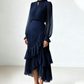 💎 55% OFF! 💎 Women's Keyhole Neckline Ruffled Midi Dress – Pleated Silhouette, Sheer Sleeves & Romantic Asymmetrical Hem 💃