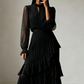 💎 55% OFF! 💎 Women's Keyhole Neckline Ruffled Midi Dress – Pleated Silhouette, Sheer Sleeves & Romantic Asymmetrical Hem 💃