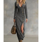 💎 57% OFF! 💎 Women's Long Sleeve V-Neck Maxi Dress – Soft Fabric, Bodycon Fit & Elegant High Slit 👗✨