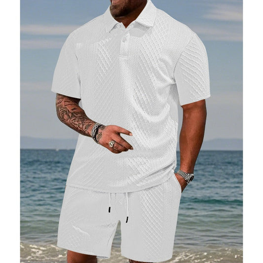 🔥 Pro-Favorite Men's Diamond Pattern Turn-Down Collar Short Sleeve Top & Drawstring Shorts 2-Piece Set – Blended Fabric – Breathable 🎯
