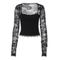 Women's Solid Color T-Shirt with Floral Lace, Split Ruffles and Sheer Sleeves