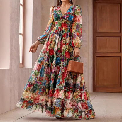 ⏰Romantic V-Neck Lantern Sleeve Floral Dress👗