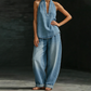 👗 50% OFF NOW! 👖 Vintage Washed Halter Top & Wide-Leg Pants – Retro Chic & Soft Denim ✨