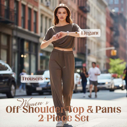 💎 -50% ON WOMEN'S OFF-SHOULDER TOP & PANTS 2-PIECE SET! 💎 Asymmetrical Design, Soft Fabric & Wide-Leg Pants ✨