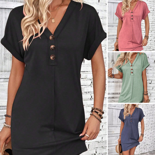 👗 50% OFF! 💫 Women's Fashion V-Neck Button Dress – Timeless Solid Colors, Soft Fabric & Rolled Sleeves