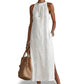 🌿 LIMITED TIME 50% OFF! ☀️ Women's Vintage Cotton Linen Lace Patchwork Midi Dress – Halter Neck & Side Slit 🌸
