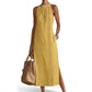 🌿 LIMITED TIME 50% OFF! ☀️ Women's Vintage Cotton Linen Lace Patchwork Midi Dress – Halter Neck & Side Slit 🌸