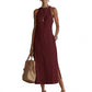 🌿 LIMITED TIME 50% OFF! ☀️ Women's Vintage Cotton Linen Lace Patchwork Midi Dress – Halter Neck & Side Slit 🌸