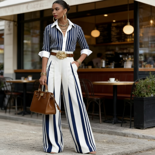 📢📢50% OFF !! ⏰Women's Striped Shirt & Wide-Leg Pants 2-Piece Set