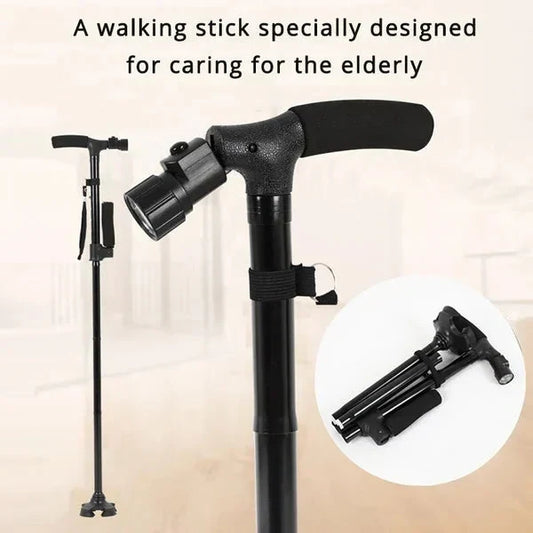 🦯 50% OFF! ✨ Dual-Handle Folding Walking Cane with Built-in LED Light & Pivoting Base – Ergonomic Sit-to-Stand Assist, 360° All-Terrain Quad-Grip Base, 3-LED Angle-Adjustable Light & 5-Level Height – 250 lbs Capacity 🌟