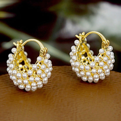 ✨ 50% OFF! ✨ French Vintage Faux Pearl Basket Hoop Earrings – Gold-Tone Woven Huggie Earrings with Artisanal 3D Basket-Weave Design, Luminous High-Shine Pearls & Secure Hinged Snap Clasp – Lightweight 11g French Chic for Any Occasion 💎