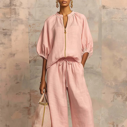 👚 LIMITED-TIME 50% OFF! 👖 Women's Solid Color 2-Piece Tracksuit – Puff Sleeve, Wide Leg, Zipper Detail ✨