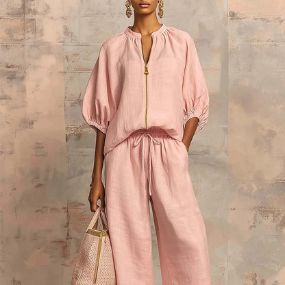 🎉 LIMITED TIME 50% OFF! 👚 Women's Solid 2-Piece Tracksuit Set with Puff Sleeves & Wide-Leg Pants – Chic Zipper Detail & Relaxed Comfort 🌸