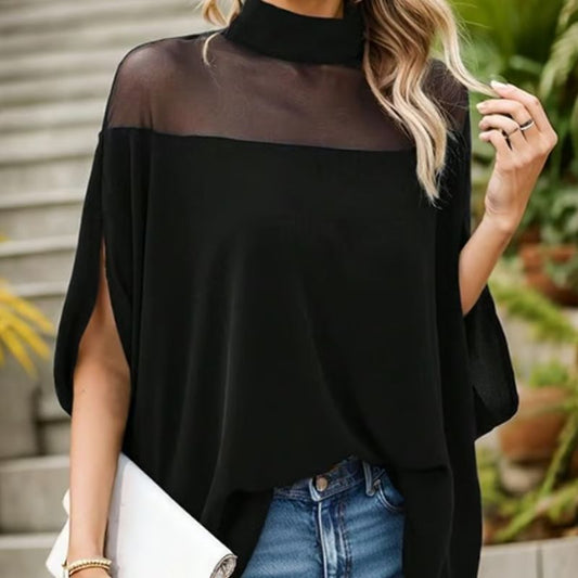 👗 LIMITED-TIME 50% OFF! 🦇 Women's High-Neck Batwing Blouse – Sheer Panel, Loose Fit, Black 🍂