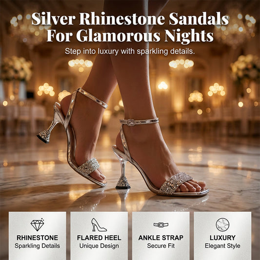 👠 LIMITED-TIME 50% OFF! 💎 Rhinestone Ankle Strap Sandals – Sculptural Heel, Square Toe, Metallic Finish ✨
