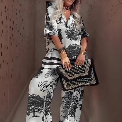👚 50% OFF NOW! 🌸 Women's Casual Printed V-Neck Set – Soft & Breathable – V-Neck Top & Long Pants 🍃