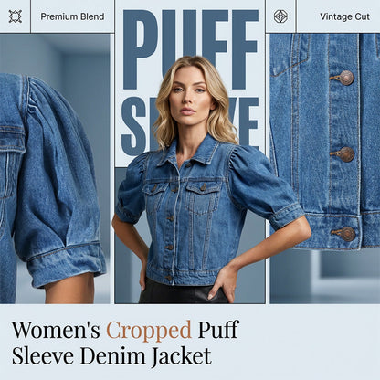 🧥 50% OFF NOW!🎀 Women's Puff Short Sleeve Cropped Denim Jacket – Vintage Hardware & Soft Blend – Flattering Waistline Cut 🌟