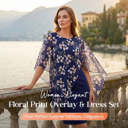 📢📢40% OFF !! ⏰Women's Elegant Floral Print Overlay & Dress Set