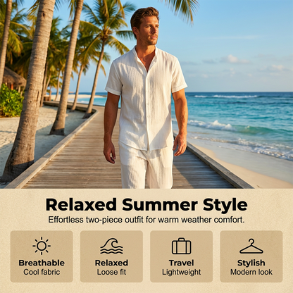 📢 PROMO EXCEPTIONNELLE -50% ! ⏰ Ensemble Homme 2 Pièces Texturé – Tissu Froissé Slub Respirant, Col Montant & Ceinture Élastique – Le Look Coordonné Parfait pour l’Été 🌿👕✨