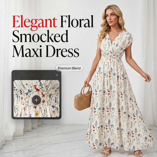 👗 LIMITED-TIME 50% OFF! ✨ Floral V-Neck Maxi Dress – Elegant Smocked Waist, Premium Fabric 🌸
