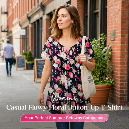 📢📢40% OFF !! ⏰Women’s Flowy Floral Button-Up Tee – Casual, Breezy, Versatile 🌸